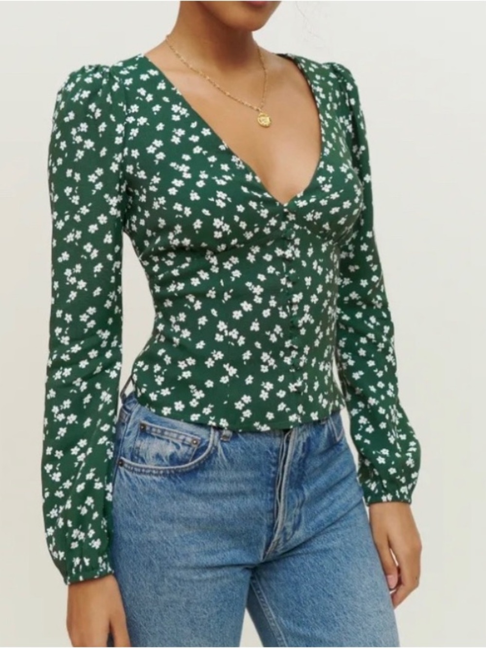 Reformation Nell Top Blouse Annette Emerald Green White Ditsy Floral Small